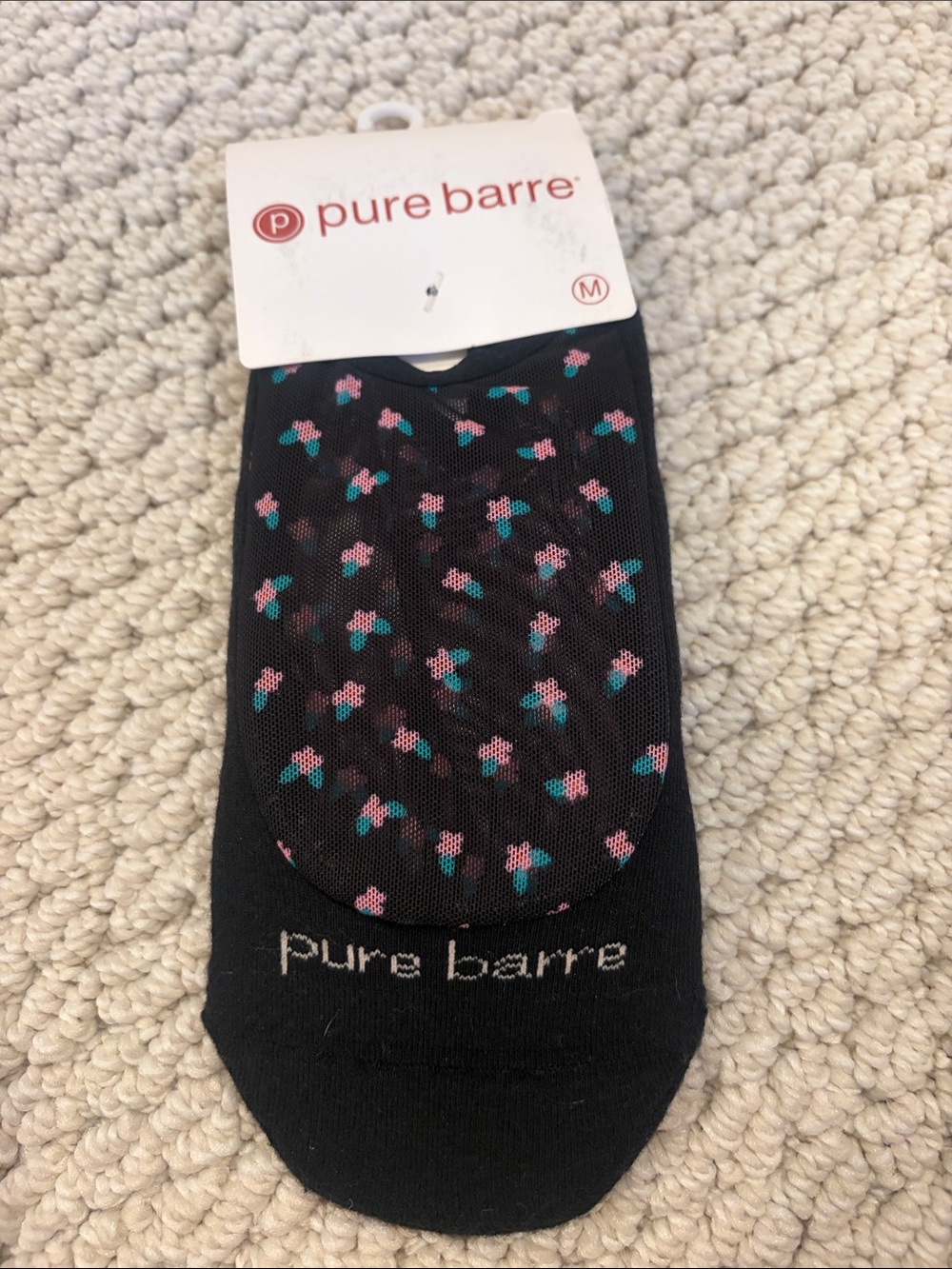 Pure Barre Black No-Show Socks with Pink and Teal Dot Pattern